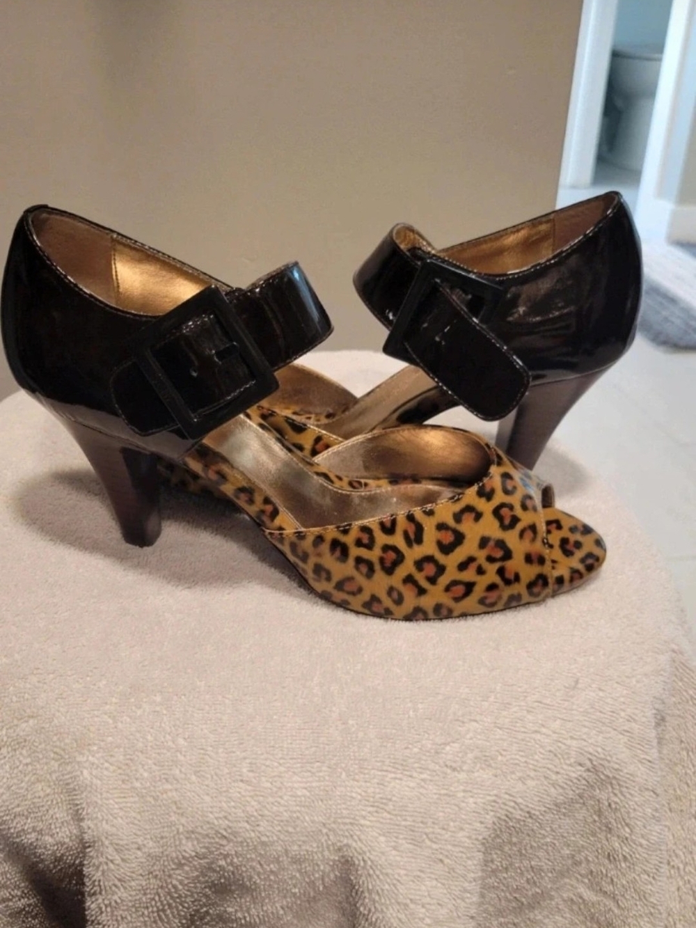 Sofft Leopard Print Peep-Toe Heels with Black Patent Ankle Strap